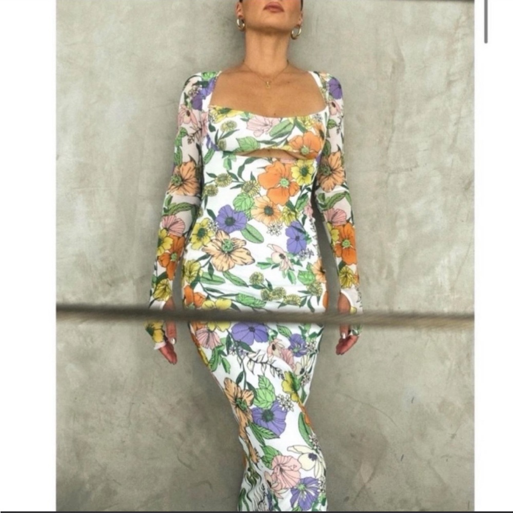 Floral Long-Sleeve Square Neck Maxi Dress - White with Multicolor Blooms